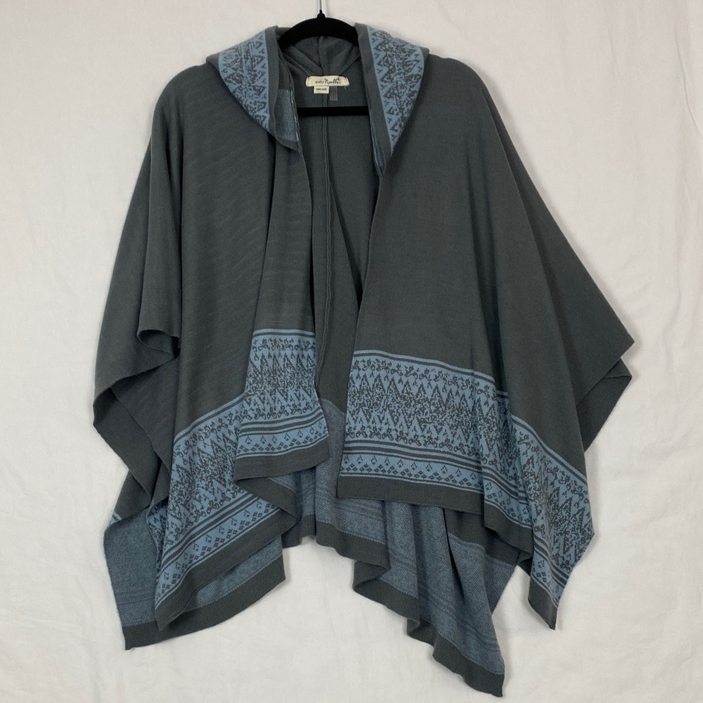 Simply Noelle Hooded Poncho Wrap Gray with Blue Pattern